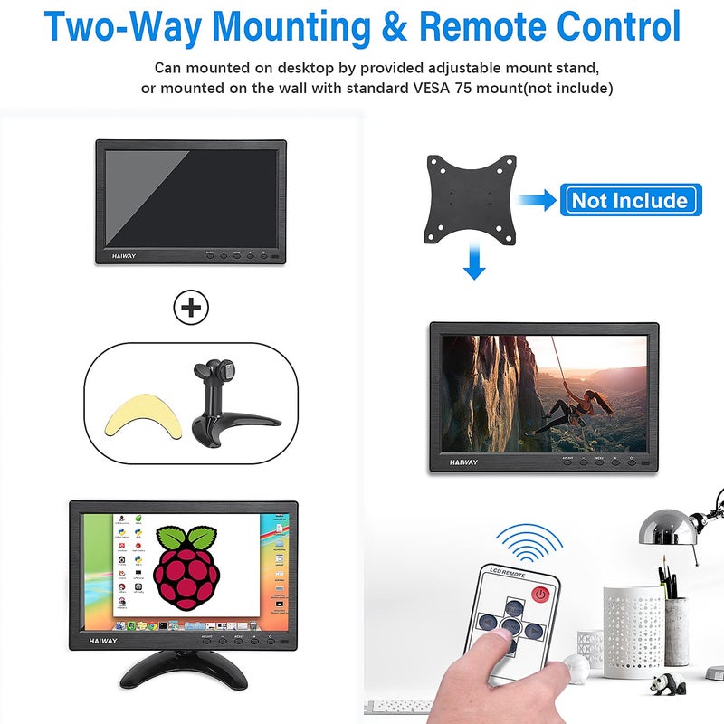 Haiway 10.1 inch Security Monitor, 1366x768 Resolution Small HDMI Monitor Small Computer Monitors with Remote Control with Built-in Dual Speakers HDMI VGA BNC USB Input for Gaming CCTV Raspberry Pi PC - Image 5